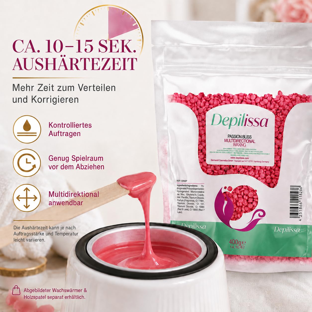 Depilissa Wachsperlen Passion Bliss 400g – Professionelles Heißwachs für Haarentfernung – Stripless Waxing für Männer & Frauen – Für Gesicht, Bikini & Körper