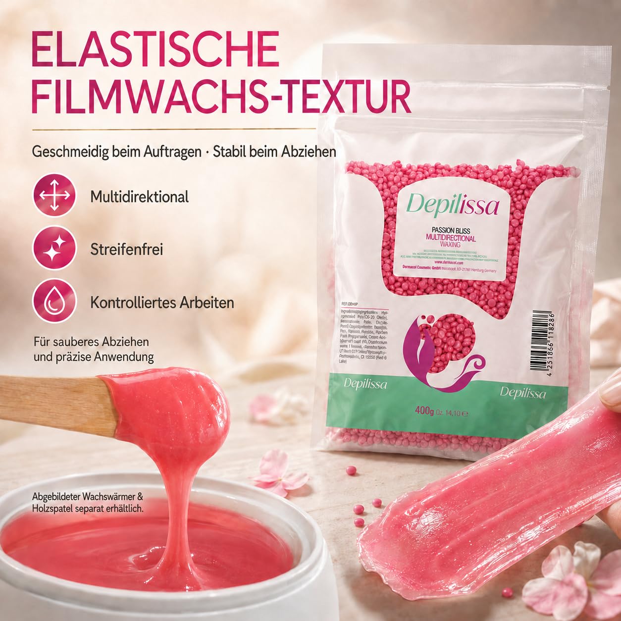 Depilissa Wachsperlen Passion Bliss 400g – Professionelles Heißwachs für Haarentfernung – Stripless Waxing für Männer & Frauen – Für Gesicht, Bikini & Körper