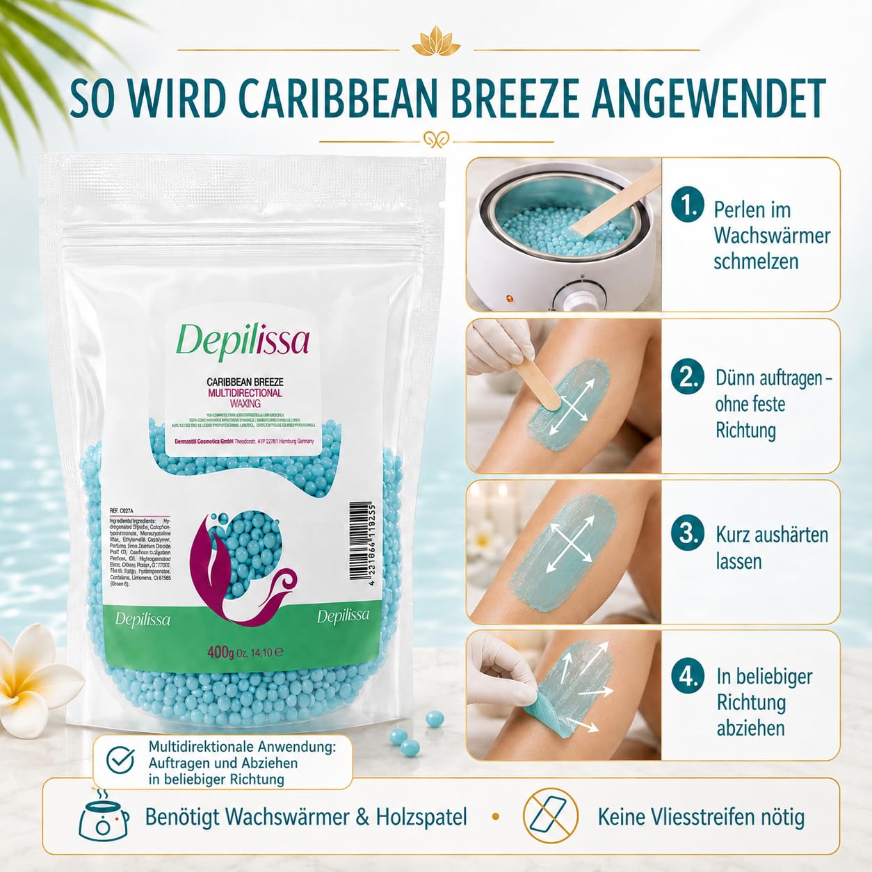 Depilissa Wachsperlen Caribbean Breeze 400g – Professionelles Heißwachs für Haarentfernung – Stripless Waxing für Männer & Frauen – Für Gesicht, Bikini & Körper