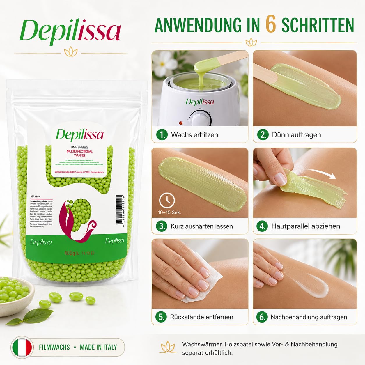 Depilissa Wachsperlen Lime Breeze 400g – Professionelles Heißwachs für Haarentfernung – Stripless Waxing für Männer & Frauen – Für Gesicht, Bikini & Körper
