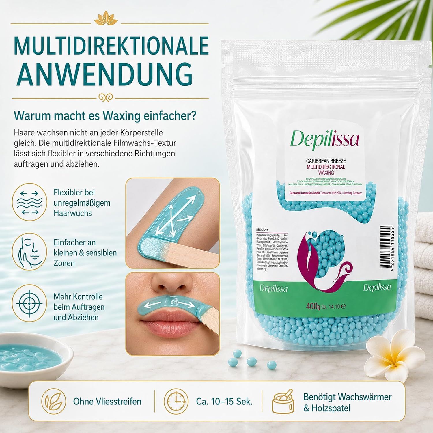 Depilissa Wachsperlen Caribbean Breeze 400g – Professionelles Heißwachs für Haarentfernung – Stripless Waxing für Männer & Frauen – Für Gesicht, Bikini & Körper