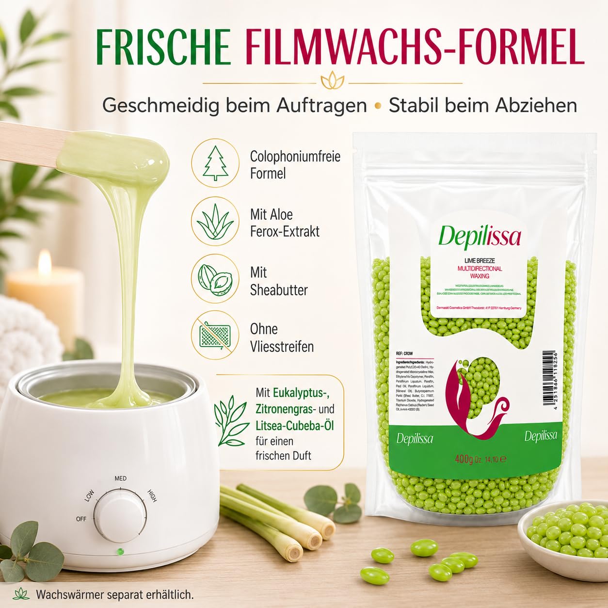 Depilissa Wachsperlen Lime Breeze 400g – Professionelles Heißwachs für Haarentfernung – Stripless Waxing für Männer & Frauen – Für Gesicht, Bikini & Körper