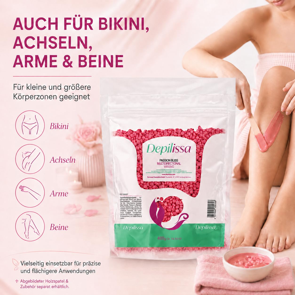 Depilissa Wachsperlen Passion Bliss 400g – Professionelles Heißwachs für Haarentfernung – Stripless Waxing für Männer & Frauen – Für Gesicht, Bikini & Körper