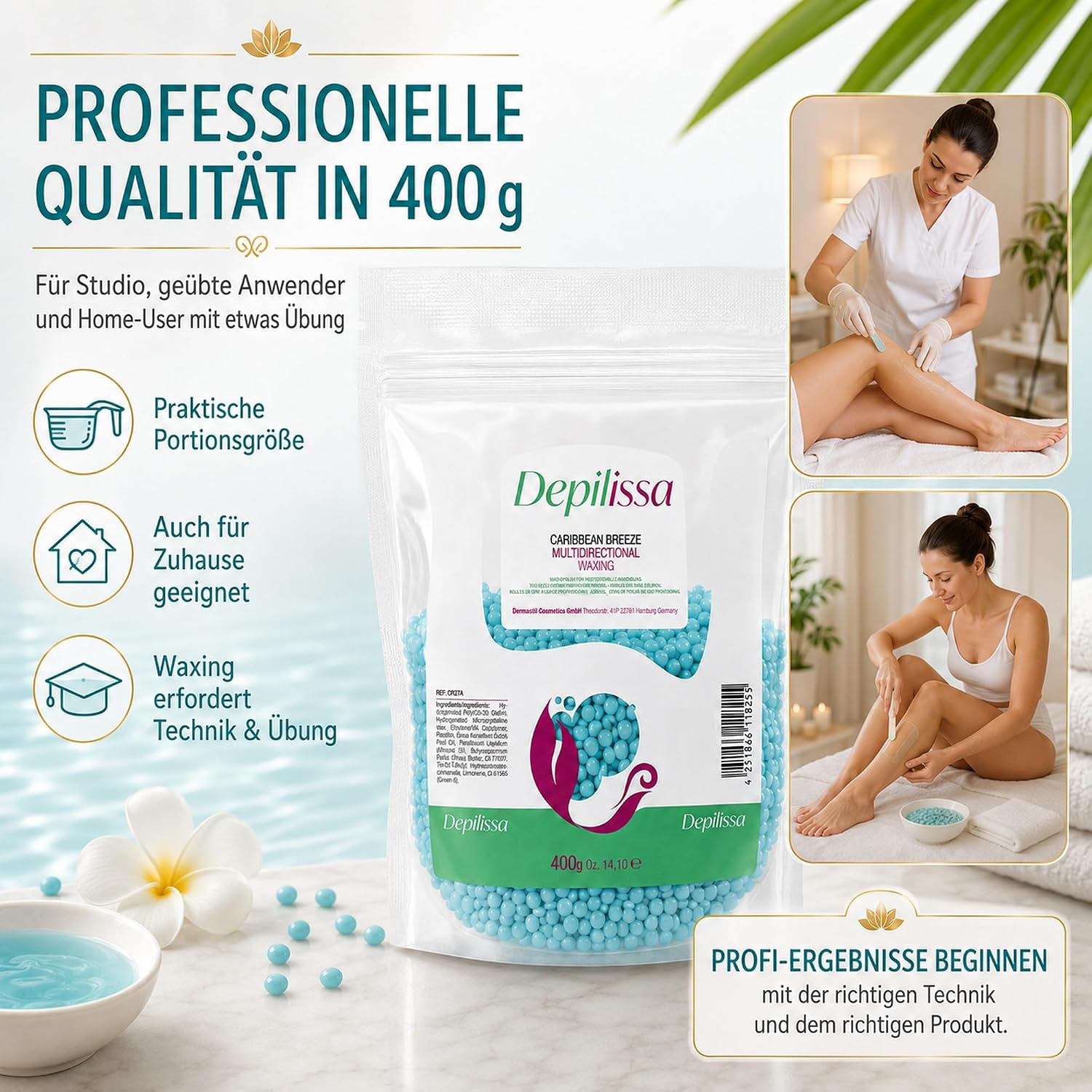 Depilissa Wachsperlen Caribbean Breeze 400g – Professionelles Heißwachs für Haarentfernung – Stripless Waxing für Männer & Frauen – Für Gesicht, Bikini & Körper