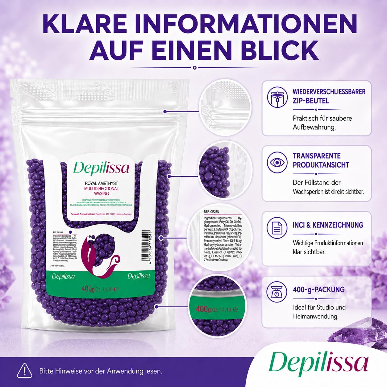 Depilissa Wachsperlen Royal Amethyst 400g – Professionelles Heißwachs für Haarentfernung – Stripless Waxing für Männer & Frauen – Für Gesicht, Bikini & Körper