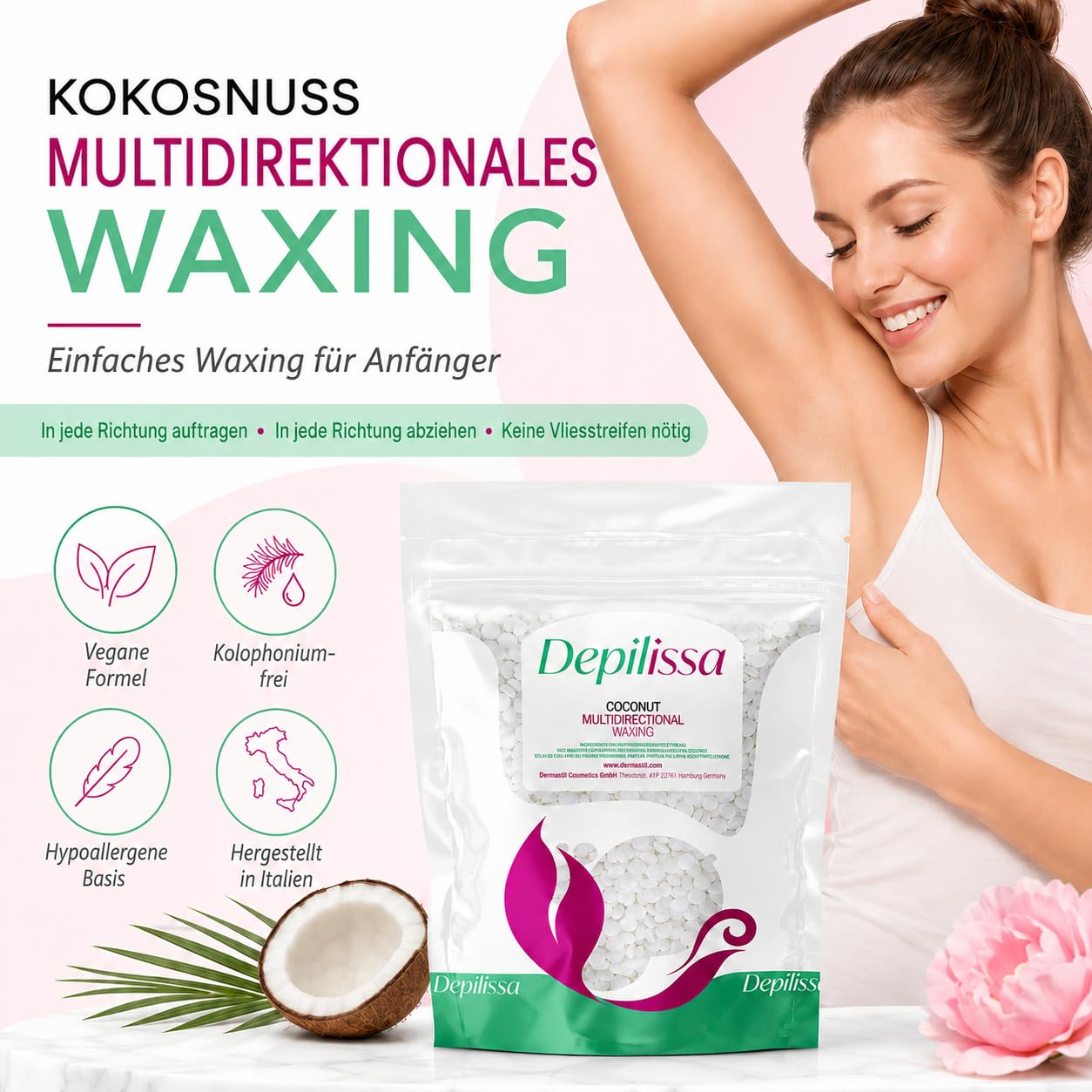 Depilissa Kokosnuss Wachsperlen 400g – Hypoallergenes Stripless Heißwachs für Haarentfernung – Multidirektionales Waxing für Männer & Frauen – Für Gesicht, Bikini & Intimbereich