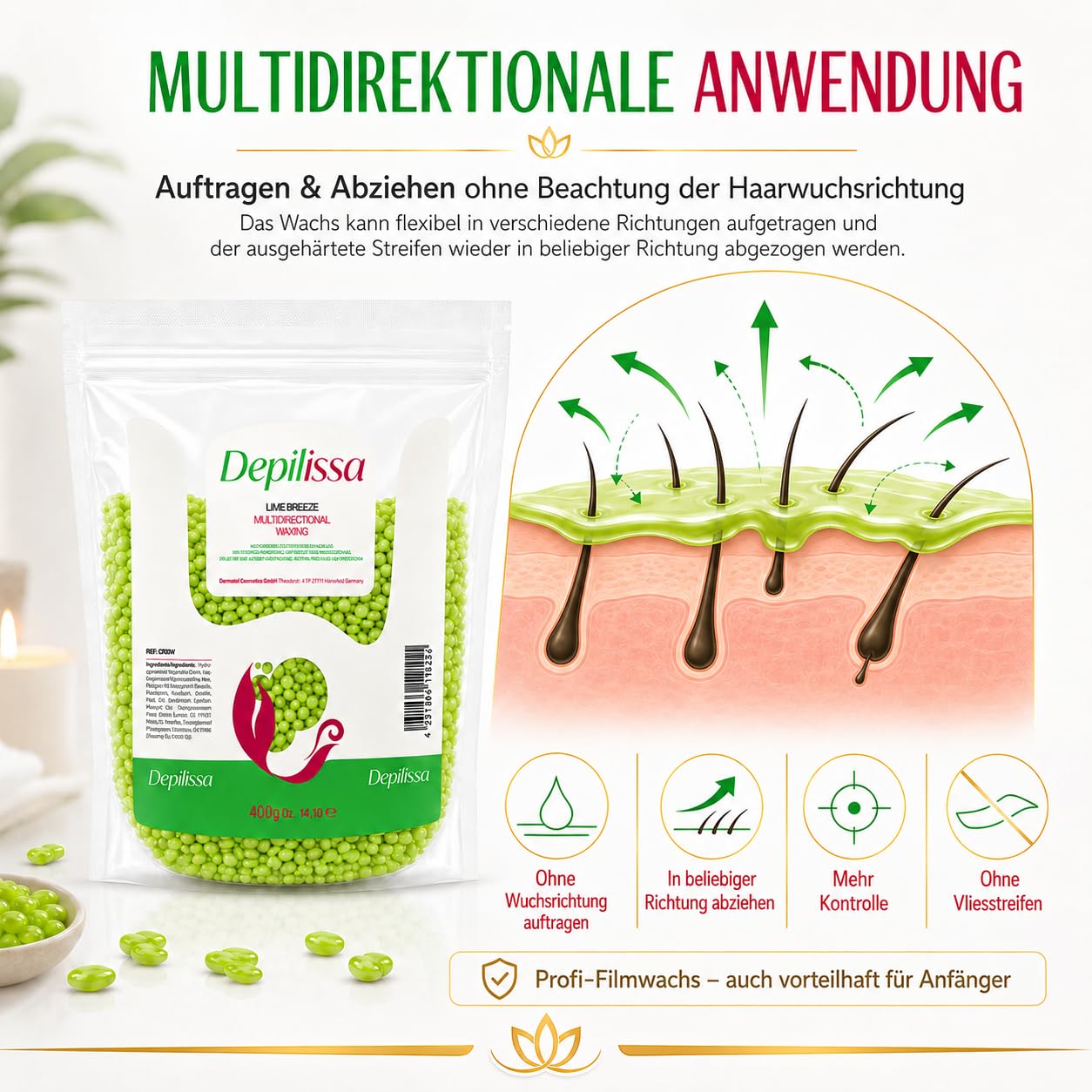 Depilissa Wachsperlen Lime Breeze 400g – Professionelles Heißwachs für Haarentfernung – Stripless Waxing für Männer & Frauen – Für Gesicht, Bikini & Körper