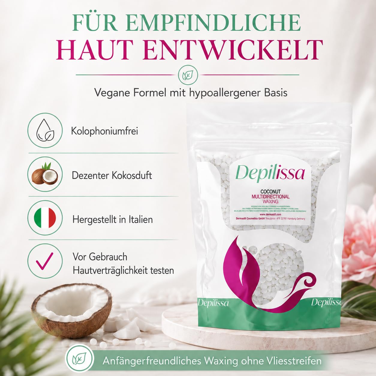 Depilissa Kokosnuss Wachsperlen 400g – Hypoallergenes Stripless Heißwachs für Haarentfernung – Multidirektionales Waxing für Männer & Frauen – Für Gesicht, Bikini & Intimbereich