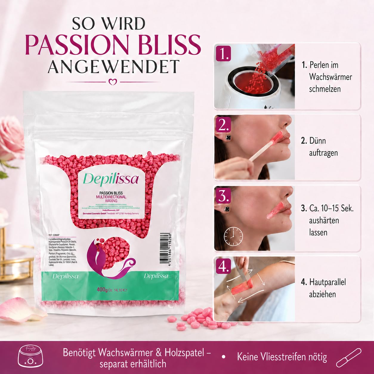 Depilissa Wachsperlen Passion Bliss 400g – Professionelles Heißwachs für Haarentfernung – Stripless Waxing für Männer & Frauen – Für Gesicht, Bikini & Körper