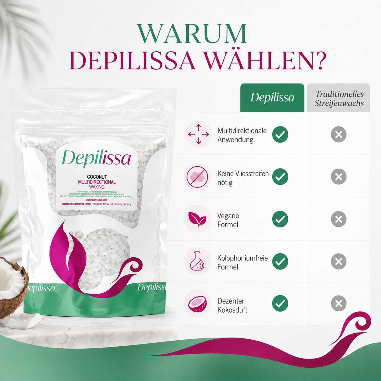 Depilissa Kokosnuss Wachsperlen 400g – Hypoallergenes Stripless Heißwachs für Haarentfernung – Multidirektionales Waxing für Männer & Frauen – Für Gesicht, Bikini & Intimbereich