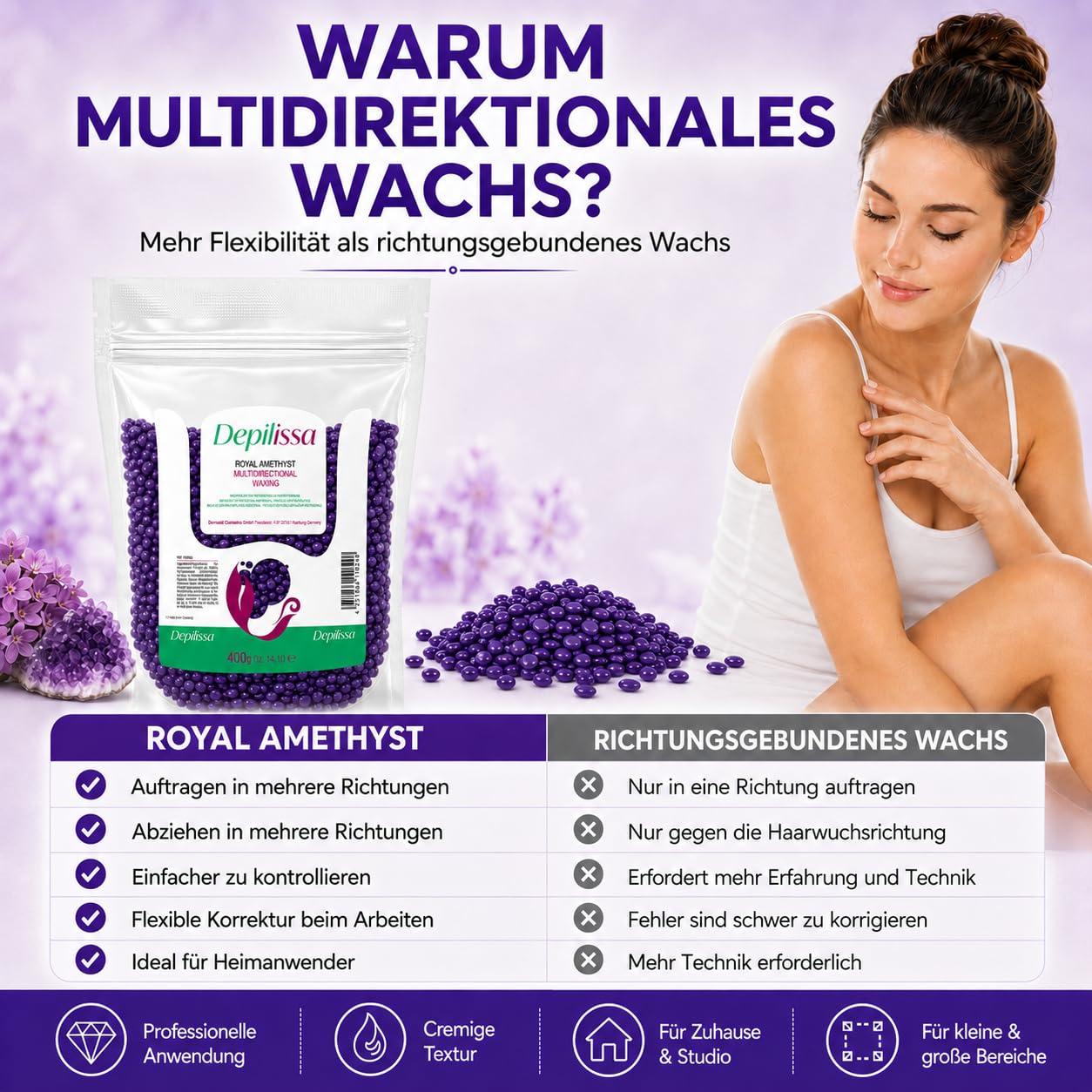 Depilissa Wachsperlen Royal Amethyst 400g – Professionelles Heißwachs für Haarentfernung – Stripless Waxing für Männer & Frauen – Für Gesicht, Bikini & Körper