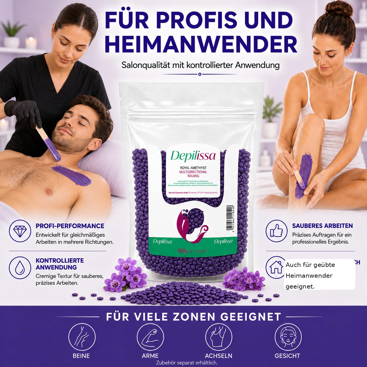 Depilissa Wachsperlen Royal Amethyst 400g – Professionelles Heißwachs für Haarentfernung – Stripless Waxing für Männer & Frauen – Für Gesicht, Bikini & Körper