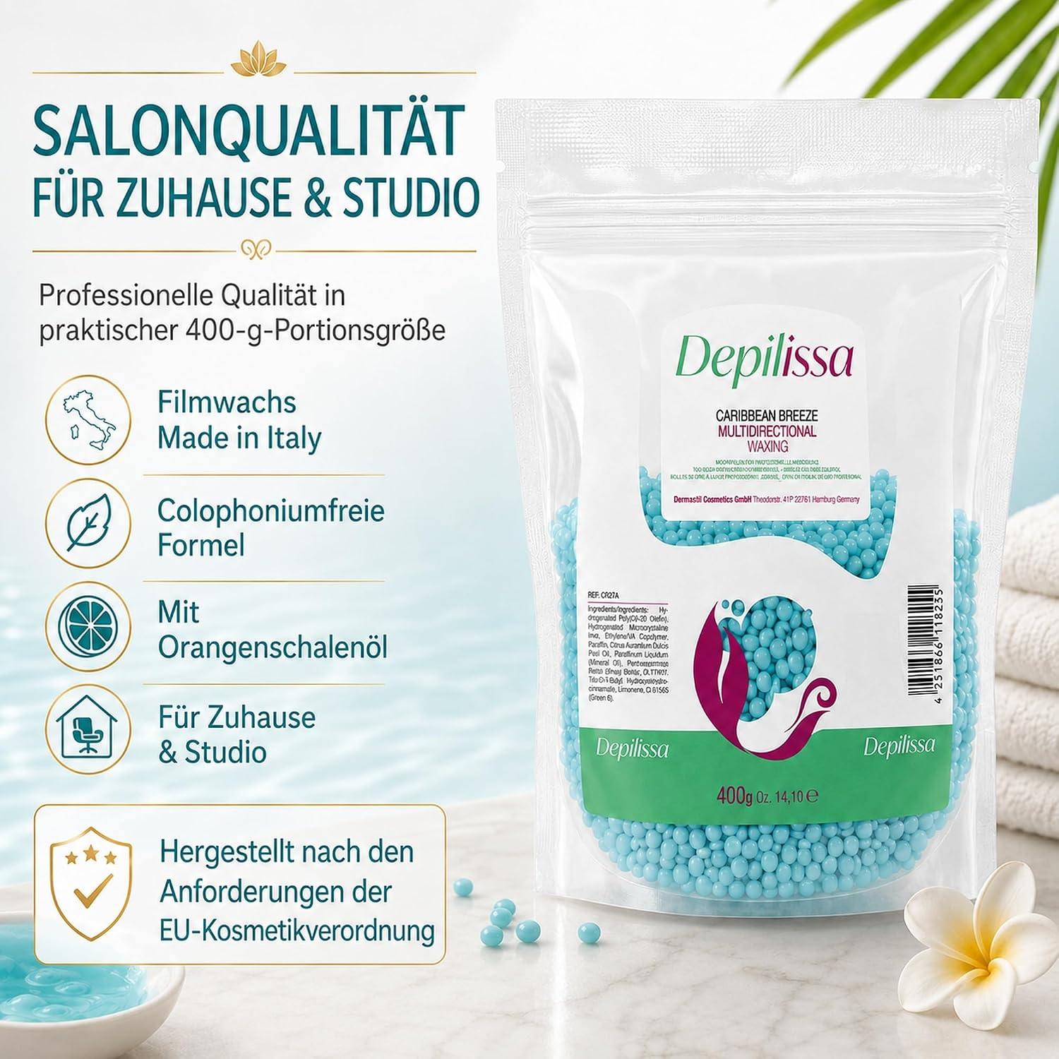 Depilissa Wachsperlen Caribbean Breeze 400g – Professionelles Heißwachs für Haarentfernung – Stripless Waxing für Männer & Frauen – Für Gesicht, Bikini & Körper