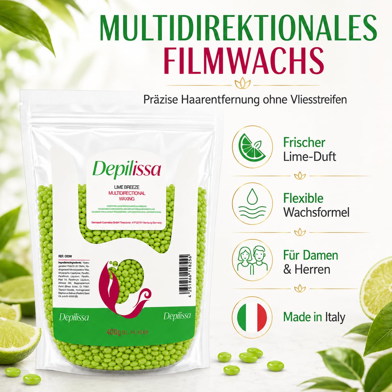 Depilissa Wachsperlen Lime Breeze 400g – Professionelles Heißwachs für Haarentfernung – Stripless Waxing für Männer & Frauen – Für Gesicht, Bikini & Körper