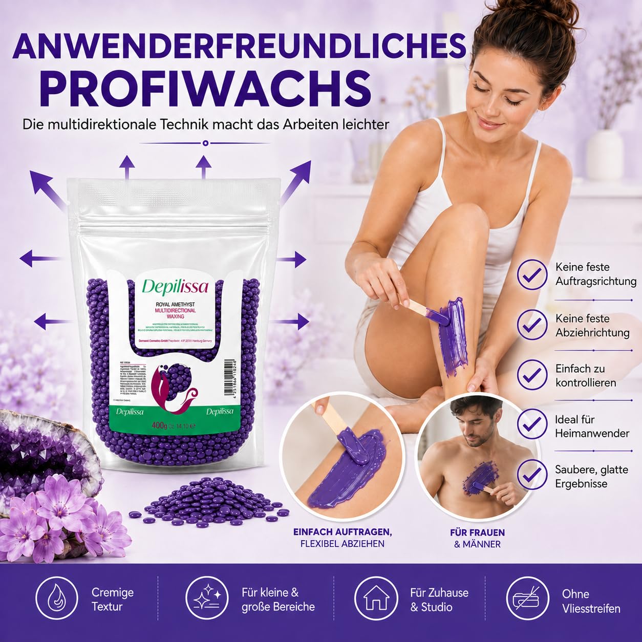 Depilissa Wachsperlen Royal Amethyst 400g – Professionelles Heißwachs für Haarentfernung – Stripless Waxing für Männer & Frauen – Für Gesicht, Bikini & Körper