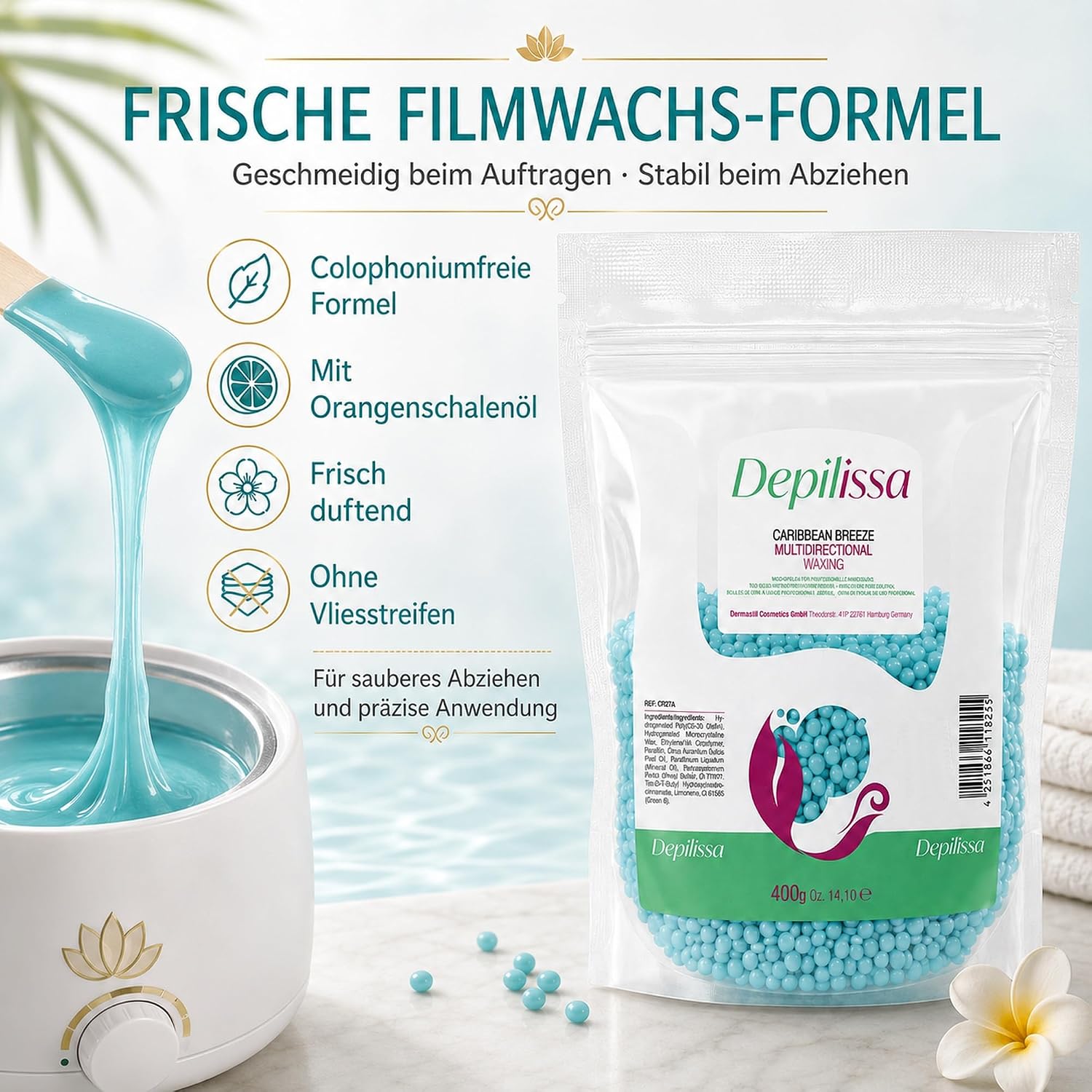 Depilissa Wachsperlen Caribbean Breeze 400g – Professionelles Heißwachs für Haarentfernung – Stripless Waxing für Männer & Frauen – Für Gesicht, Bikini & Körper