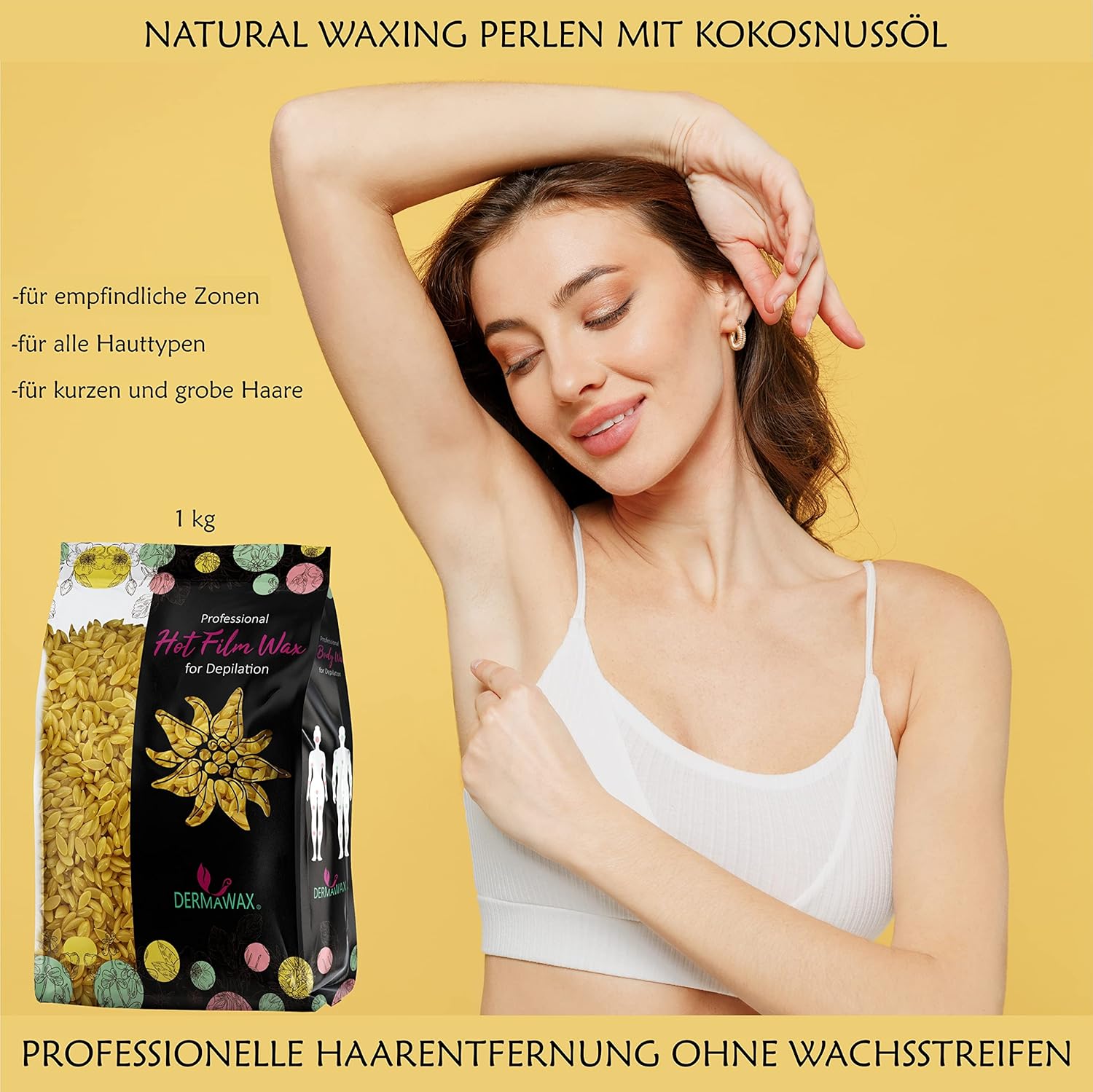 Dermawax Perles de cire Black Natural Honey – Cire chaude professionnelle stripless douce – Hommes & femmes, visage, corps & zones intimes