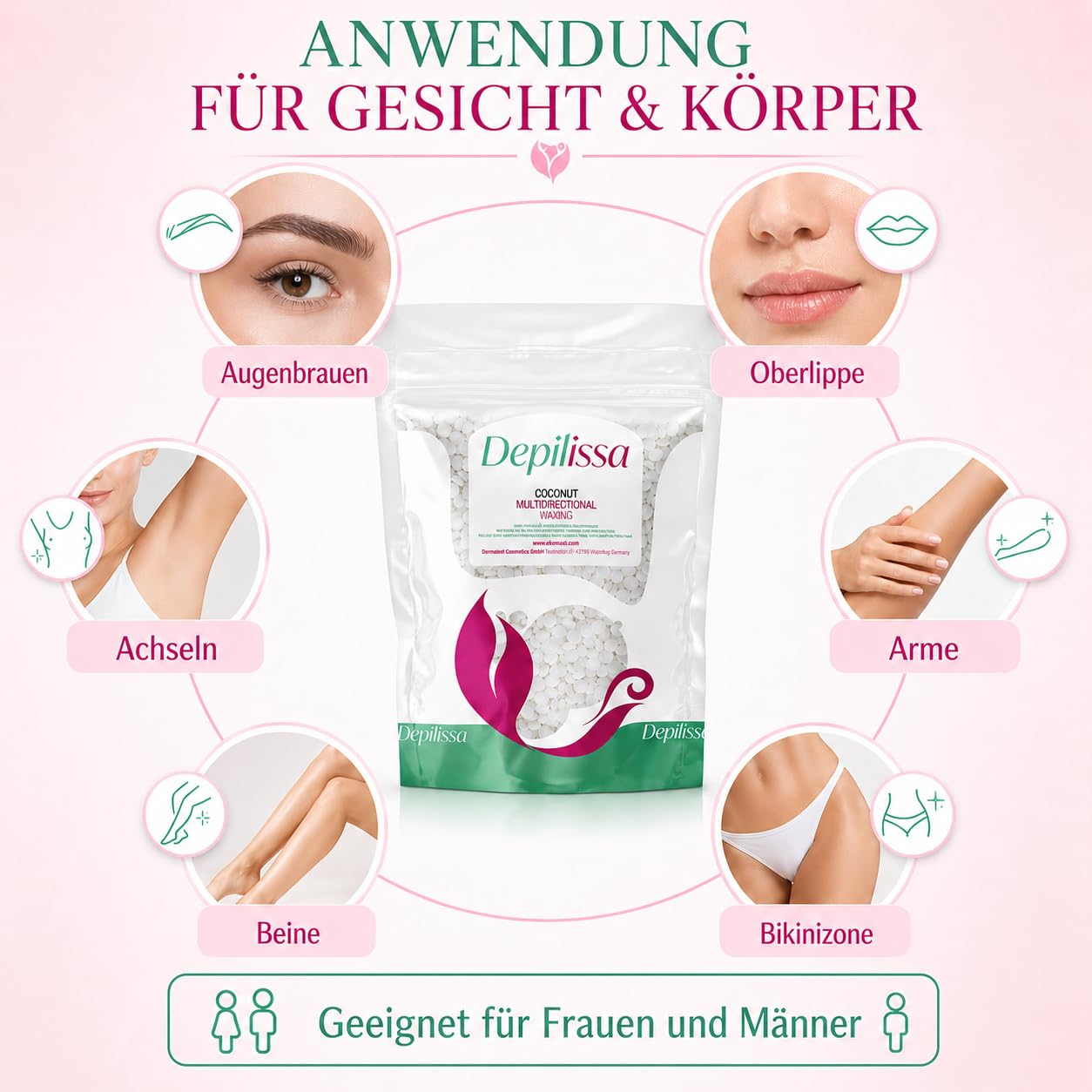 Depilissa Kokosnuss Wachsperlen 400g – Hypoallergenes Stripless Heißwachs für Haarentfernung – Multidirektionales Waxing für Männer & Frauen – Für Gesicht, Bikini & Intimbereich