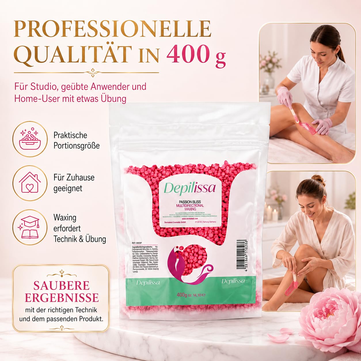 Depilissa Wachsperlen Passion Bliss 400g – Professionelles Heißwachs für Haarentfernung – Stripless Waxing für Männer & Frauen – Für Gesicht, Bikini & Körper