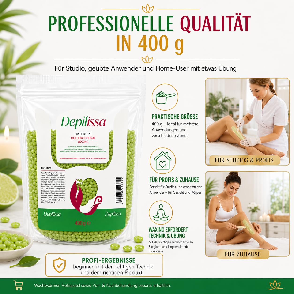 Depilissa Wachsperlen Lime Breeze 400g – Professionelles Heißwachs für Haarentfernung – Stripless Waxing für Männer & Frauen – Für Gesicht, Bikini & Körper