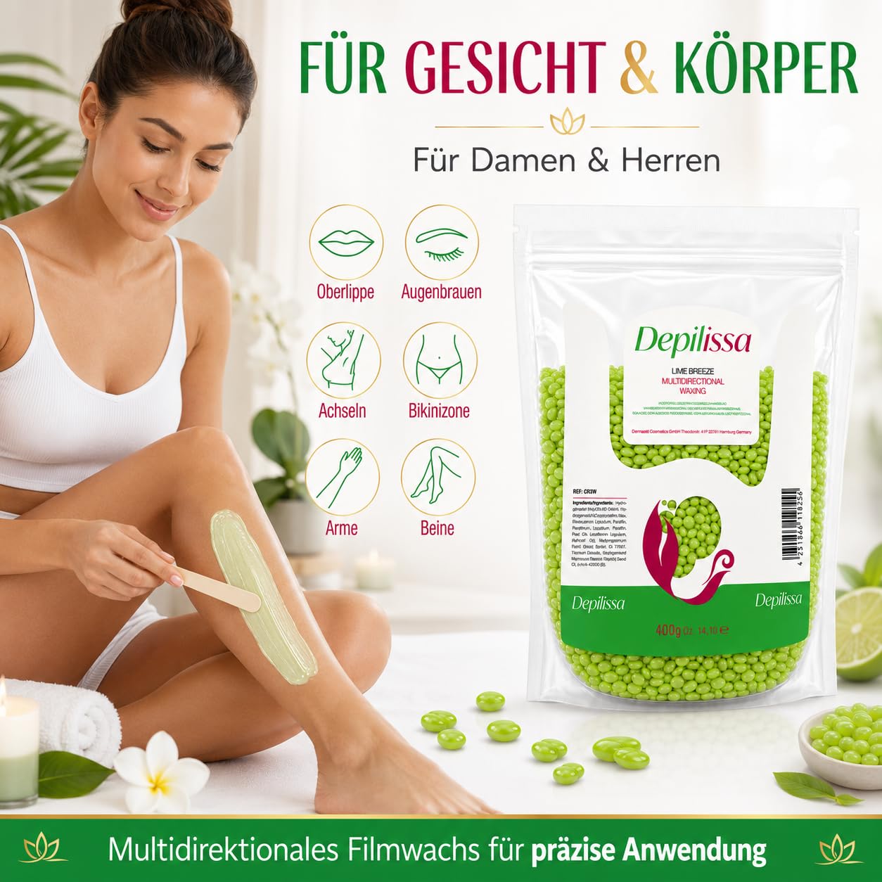 Depilissa Wachsperlen Lime Breeze 400g – Professionelles Heißwachs für Haarentfernung – Stripless Waxing für Männer & Frauen – Für Gesicht, Bikini & Körper