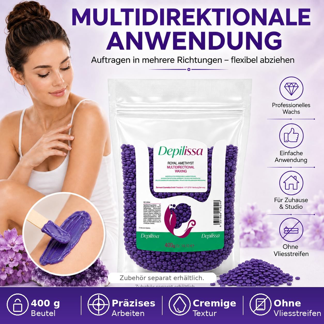 Depilissa Wachsperlen Royal Amethyst 400g – Professionelles Heißwachs für Haarentfernung – Stripless Waxing für Männer & Frauen – Für Gesicht, Bikini & Körper