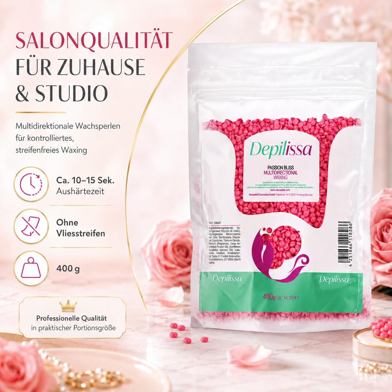 Depilissa Wachsperlen Passion Bliss 400g – Professionelles Heißwachs für Haarentfernung – Stripless Waxing für Männer & Frauen – Für Gesicht, Bikini & Körper