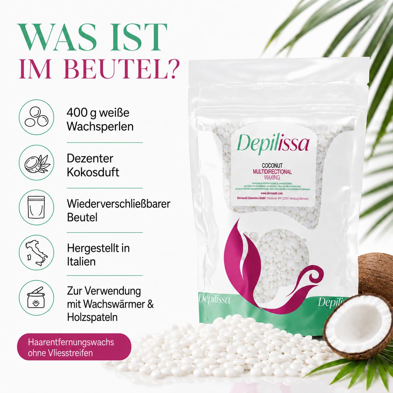 Depilissa Kokosnuss Wachsperlen 400g – Hypoallergenes Stripless Heißwachs für Haarentfernung – Multidirektionales Waxing für Männer & Frauen – Für Gesicht, Bikini & Intimbereich
