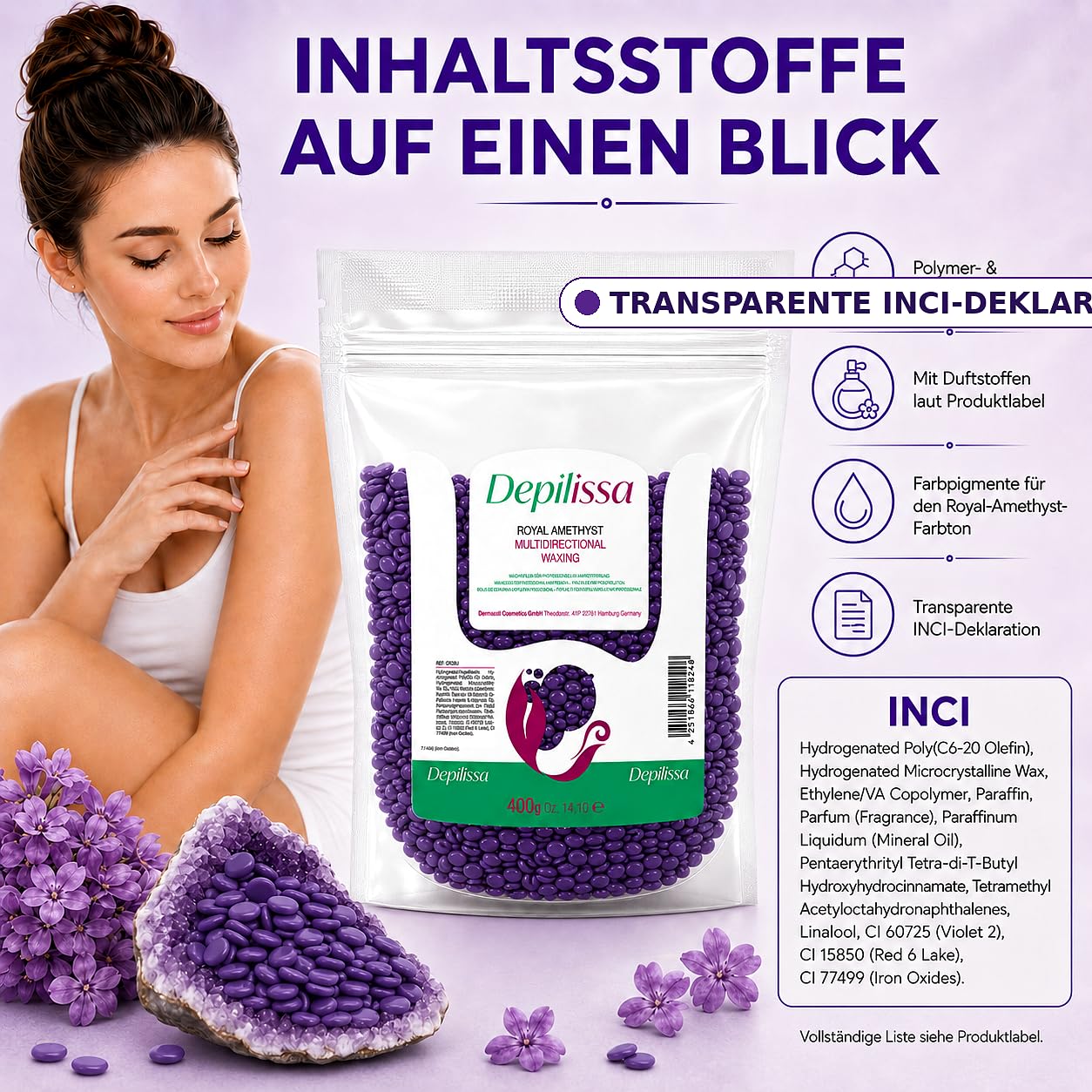 Depilissa Wachsperlen Royal Amethyst 400g – Professionelles Heißwachs für Haarentfernung – Stripless Waxing für Männer & Frauen – Für Gesicht, Bikini & Körper