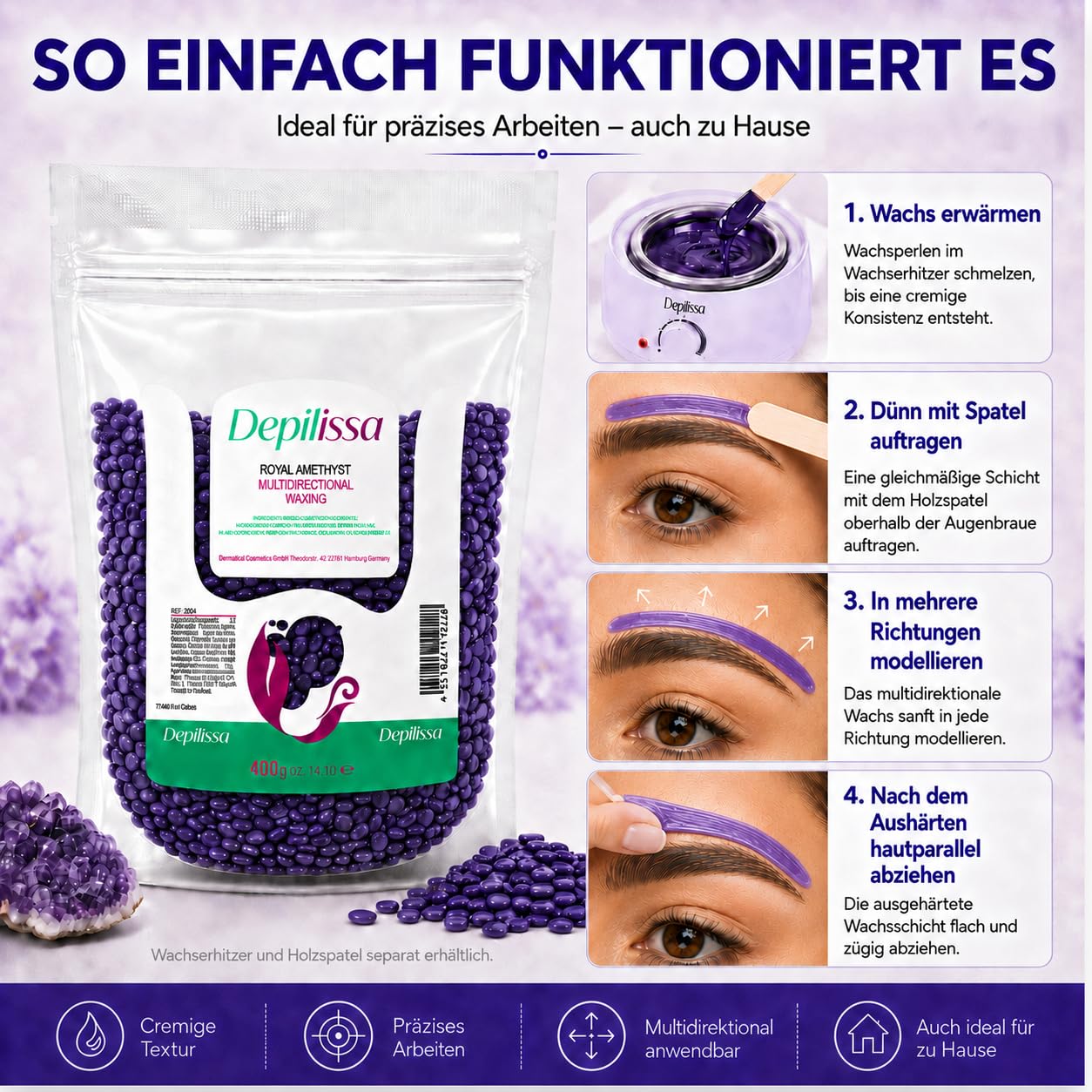 Depilissa Wachsperlen Royal Amethyst 400g – Professionelles Heißwachs für Haarentfernung – Stripless Waxing für Männer & Frauen – Für Gesicht, Bikini & Körper