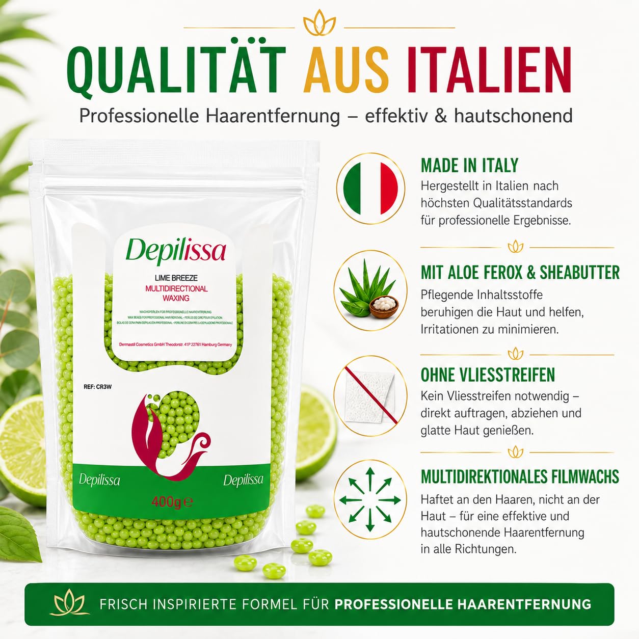 Depilissa Wachsperlen Lime Breeze 400g – Professionelles Heißwachs für Haarentfernung – Stripless Waxing für Männer & Frauen – Für Gesicht, Bikini & Körper