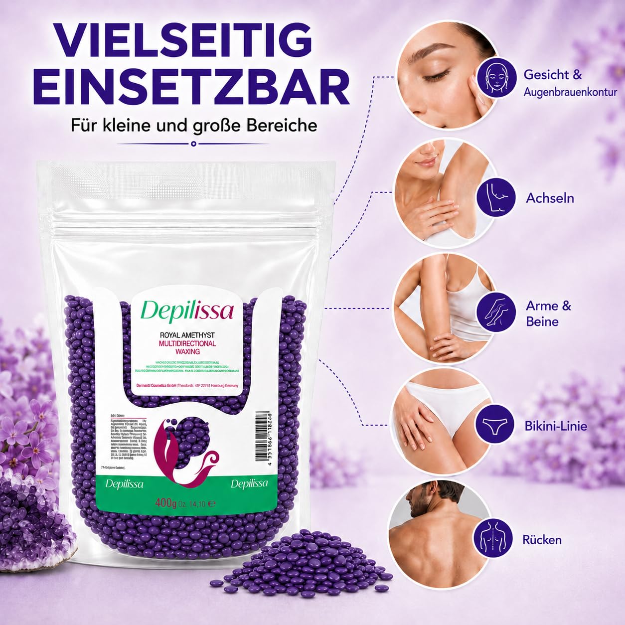 Depilissa Wachsperlen Royal Amethyst 400g – Professionelles Heißwachs für Haarentfernung – Stripless Waxing für Männer & Frauen – Für Gesicht, Bikini & Körper