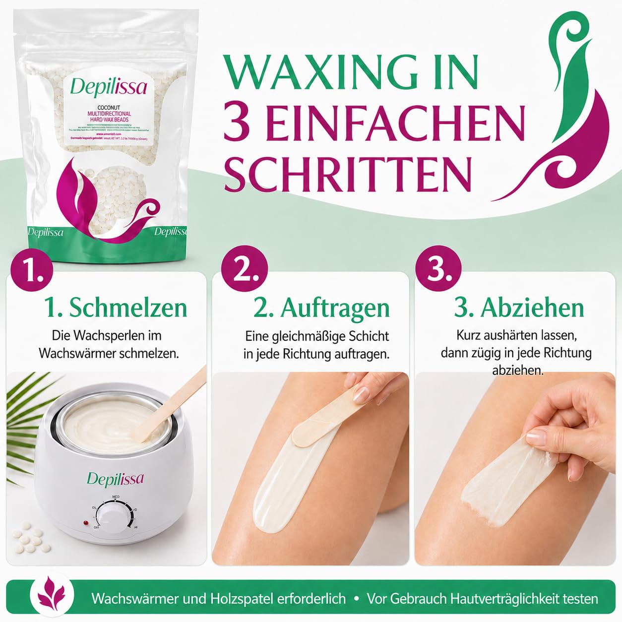 Depilissa Kokosnuss Wachsperlen 400g – Hypoallergenes Stripless Heißwachs für Haarentfernung – Multidirektionales Waxing für Männer & Frauen – Für Gesicht, Bikini & Intimbereich