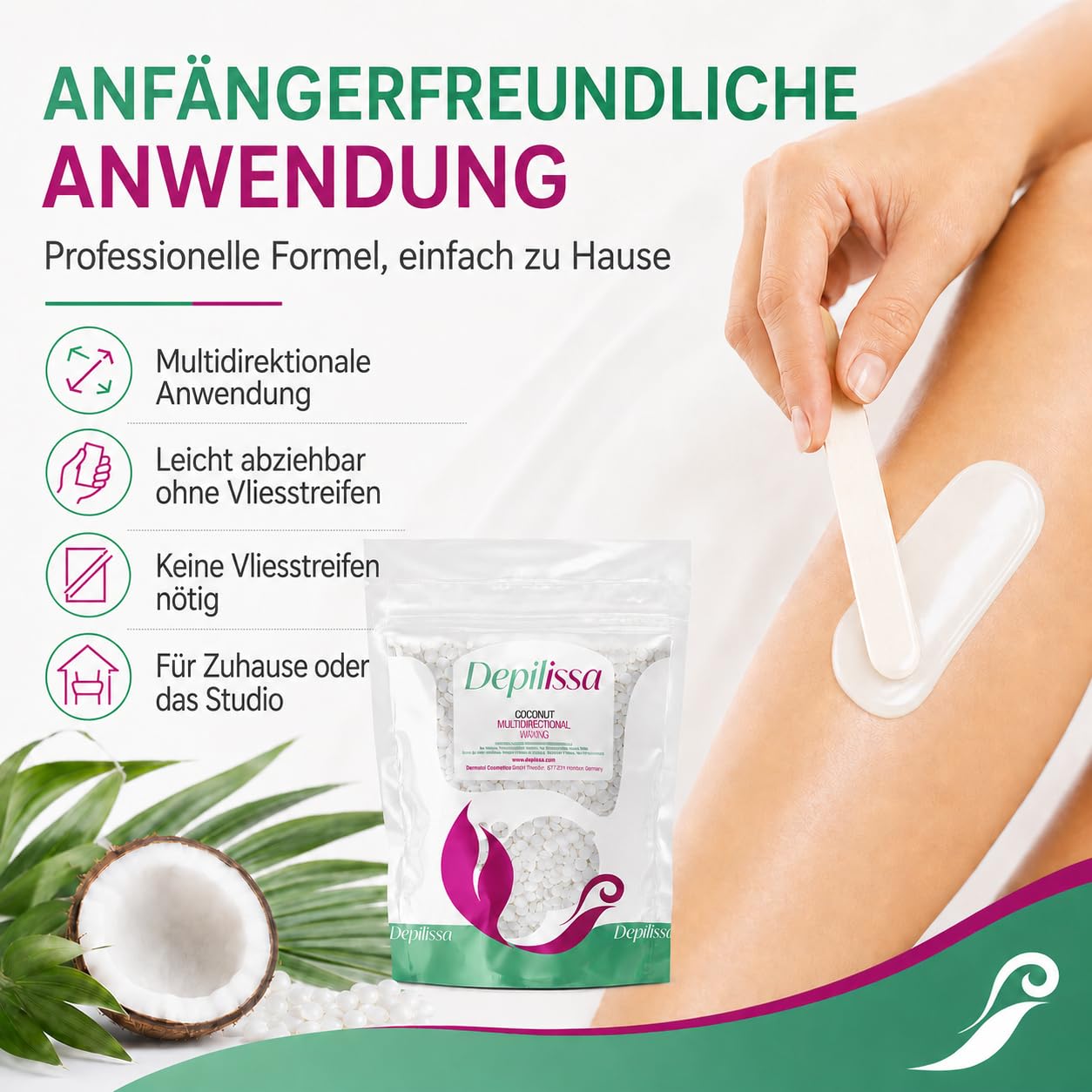 Depilissa Kokosnuss Wachsperlen 400g – Hypoallergenes Stripless Heißwachs für Haarentfernung – Multidirektionales Waxing für Männer & Frauen – Für Gesicht, Bikini & Intimbereich