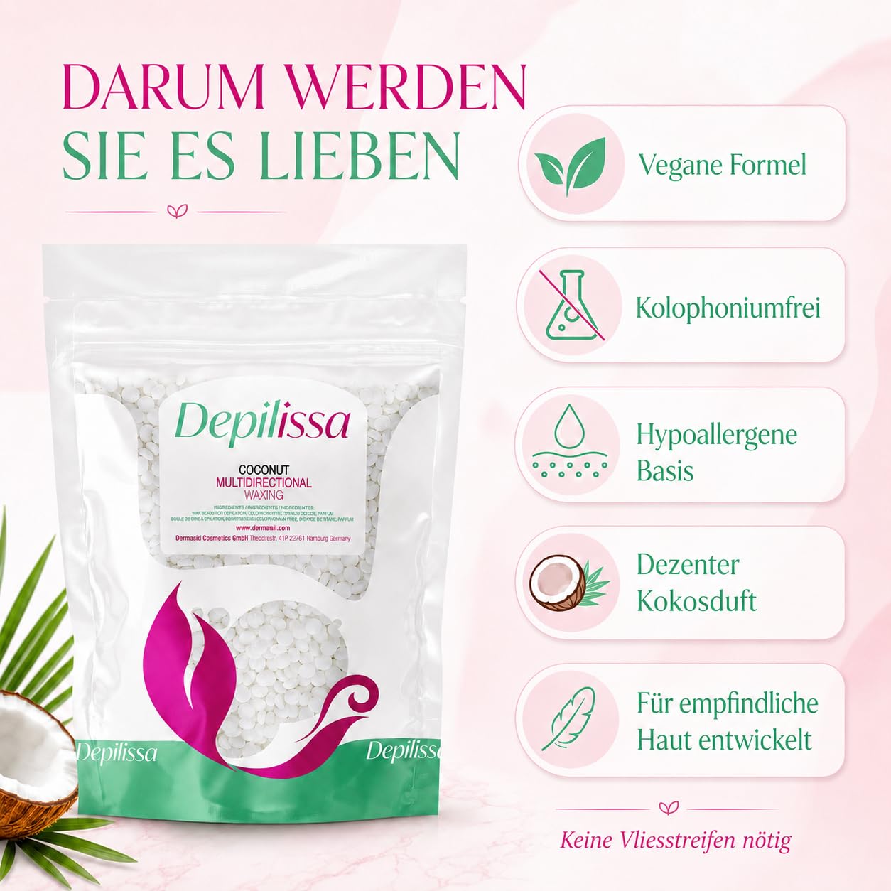 Depilissa Kokosnuss Wachsperlen 400g – Hypoallergenes Stripless Heißwachs für Haarentfernung – Multidirektionales Waxing für Männer & Frauen – Für Gesicht, Bikini & Intimbereich