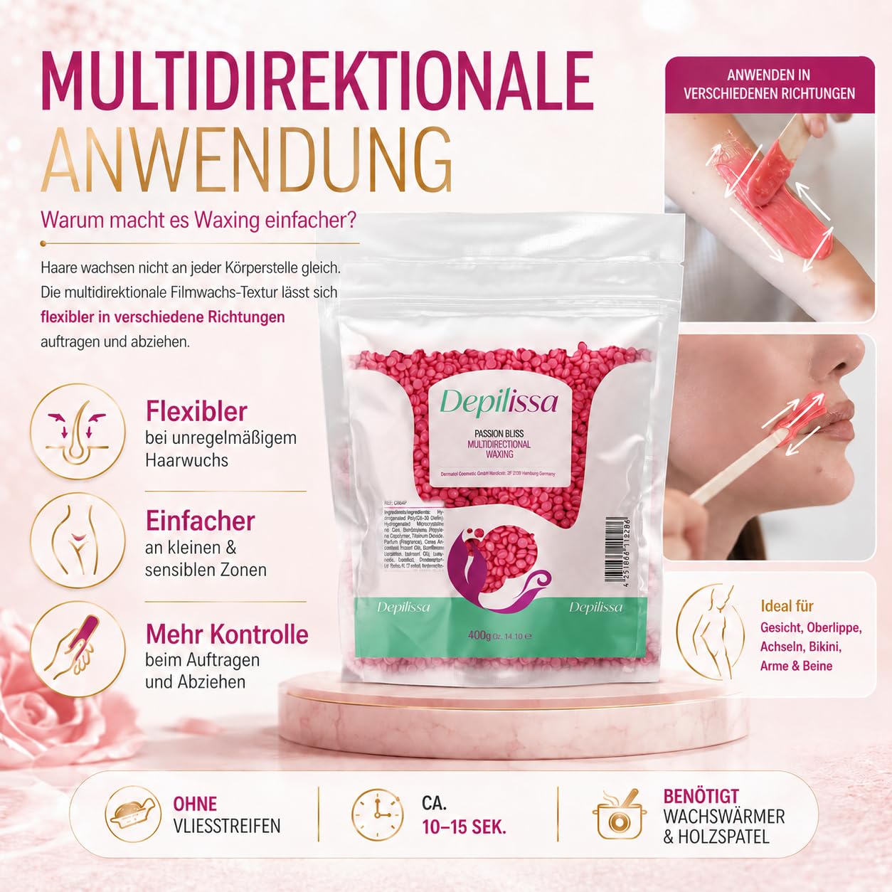 Depilissa Wachsperlen Passion Bliss 400g – Professionelles Heißwachs für Haarentfernung – Stripless Waxing für Männer & Frauen – Für Gesicht, Bikini & Körper